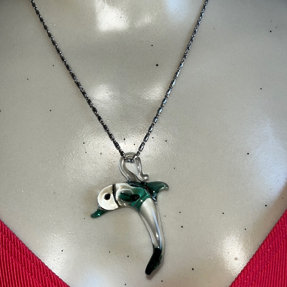 Handblown Glass Dolphin Pendant on Silver Chain
